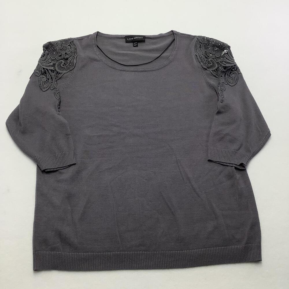 Lane Bryant Sweater Womens 18/20 Gray Crochet Shoulder Sequin 3/4 Sleeve